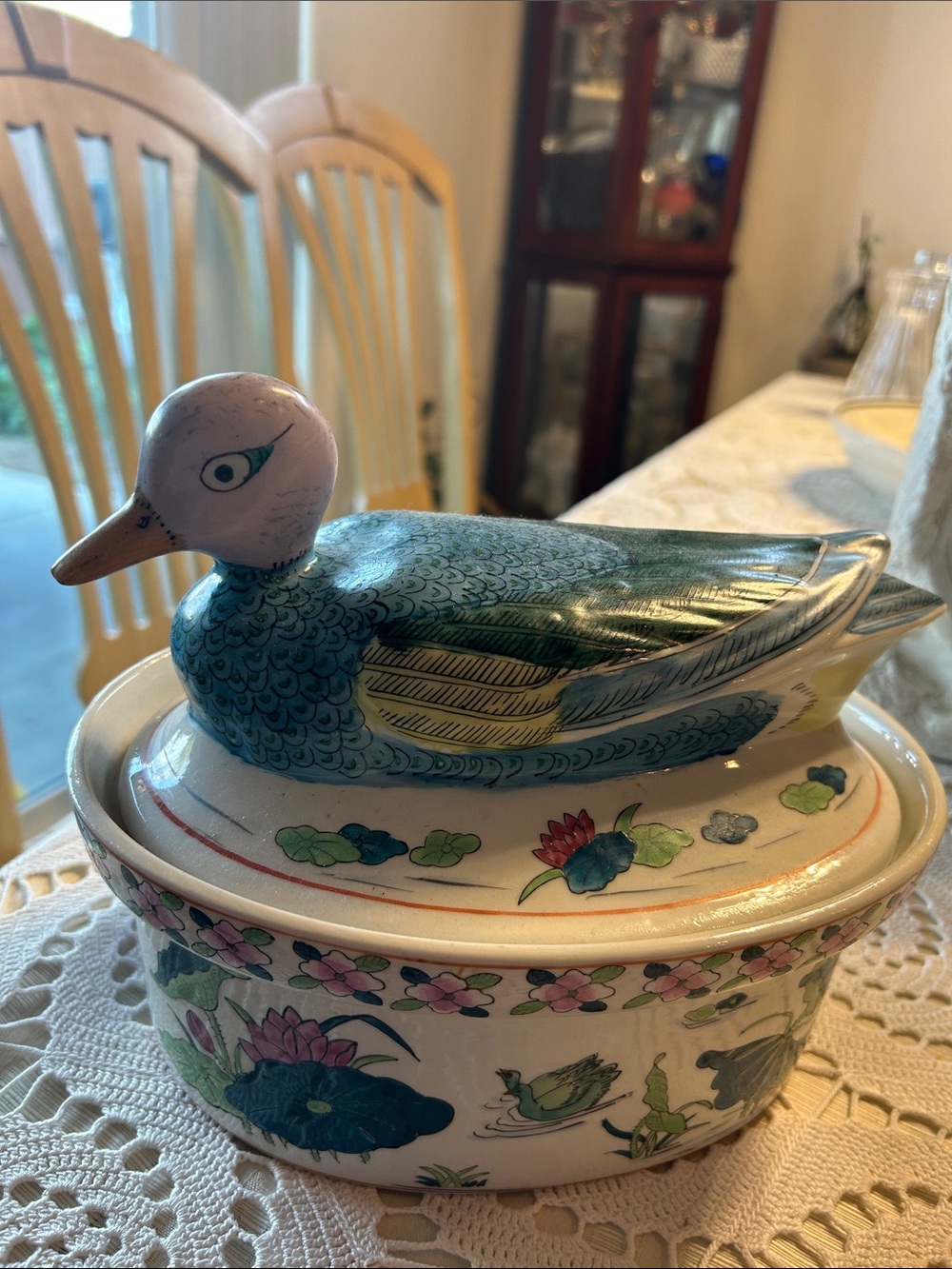 Hand-Painted Ceramic Duck Covered Dish in Teal and White Vintage item